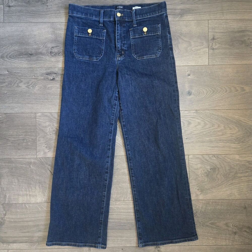 J Crew Slim Wide Leg Sailor Jeans 30 / 10  High Rise Crest Gold Button Dark Wash